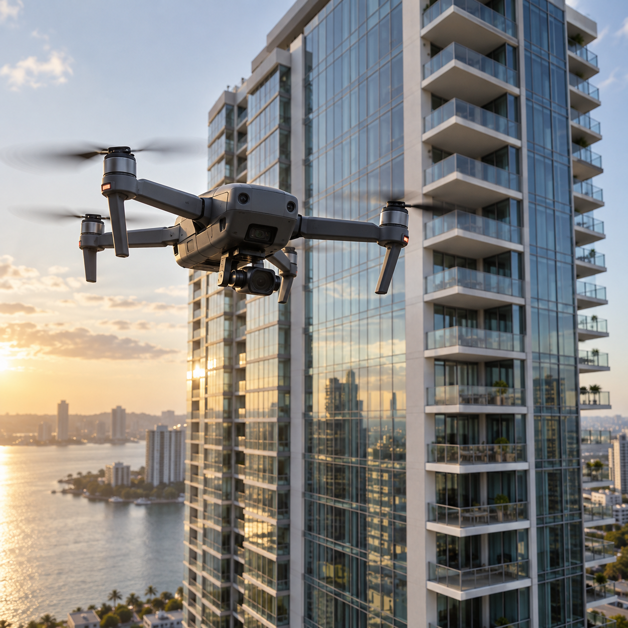Camera drone flying beside a tall glass residential building